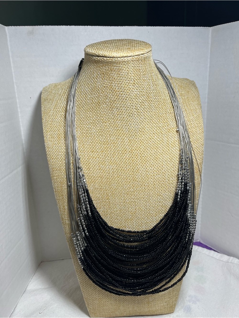 Multi-Strand Black and Silver Beaded Statement Necklace
